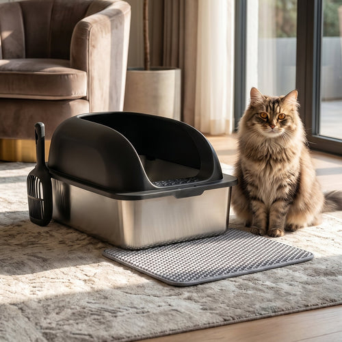 Pawora Premium Stainless Steel Cat Litter Box - Large with Lid & Scoop
